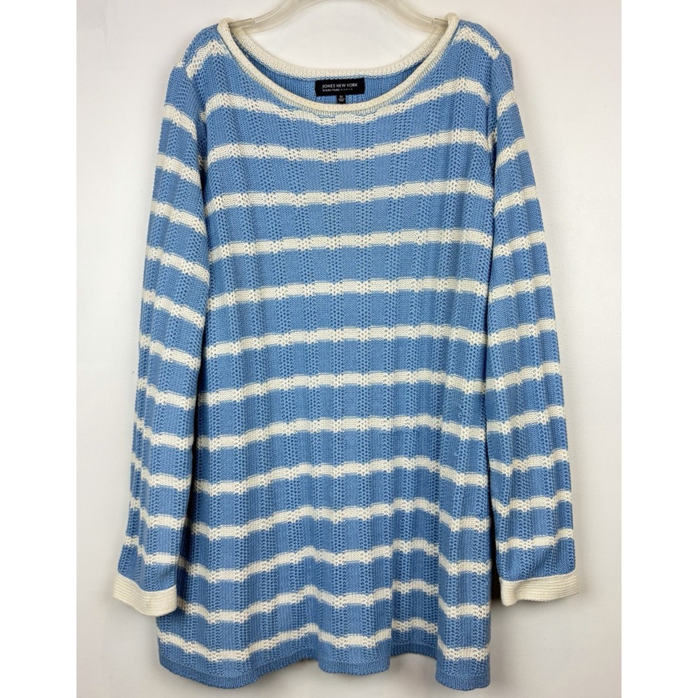 Jones New York Signature Sweater Womens 3X Stripe Knit Pullover Blue Roll Neck